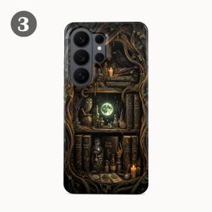 May include: A smartphone case featuring a detailed illustration of a dark, wooden bookshelf filled with old books, glass potion bottles, a small owl, and a glowing full moon. The design includes intricate tree roots framing the shelves and candles.