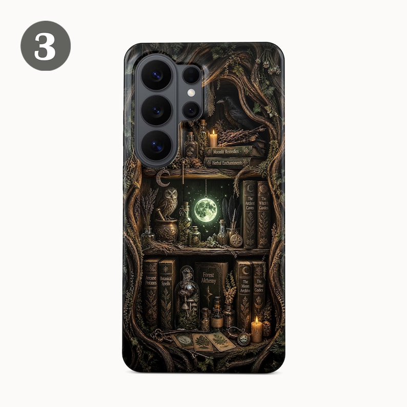 May include: A smartphone case featuring a detailed illustration of a dark, wooden bookshelf filled with old books, glass potion bottles, a small owl, and a glowing full moon. The design includes intricate tree roots framing the shelves and candles.