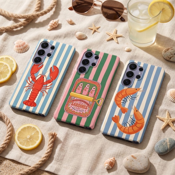 Coastal Sardine Phone Case – Retro Striped Lobster & Shrimp Cover for Samsung S26 Ultra S25 FE S24  S23 iPhone 17 Pro Max 16 15 Pixel 10 9A