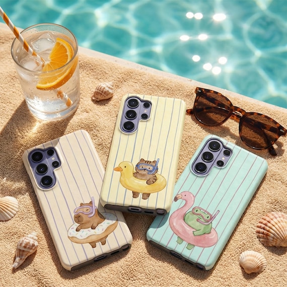 Cute Capybara Striped Phone Case – Whimsical Kawaii Cat Frog Cover for Samsung S26 Ultra S25 FE S24 S23 Plus iPhone 17 Pro Max 16 15 14 13