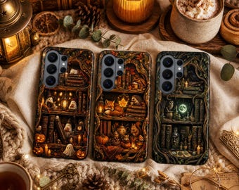 Bookshelf Fall Phone Case – Autumn Bookish Halloween Cover for Samsung S26 Ultra S25 FE S24 S23 iPhone 17 Pro Max 16 15 Plus 14 13Pixel 10A