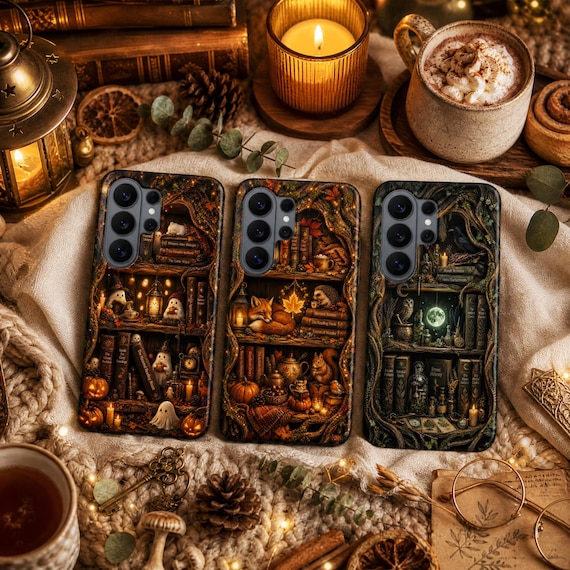 Bookshelf Fall Phone Case – Autumn Bookish Halloween Cover for Samsung S26 Ultra S25 FE S24 S23 iPhone 17 Pro Max 16 15 Plus 14 13Pixel 10A