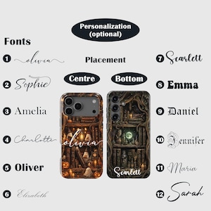 May include: A product customization guide featuring two smartphone cases with a dark, magical library theme, including ghosts, books, and candles. The image displays twelve numbered font options and two placement choices labeled Centre and Bottom.