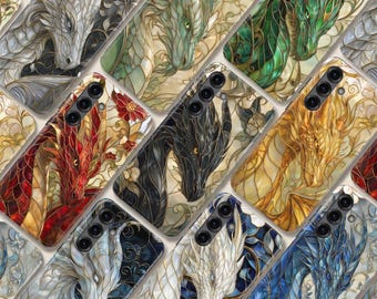 Custodia per telefono Drago in vetro colorato – Cover artistica a mosaico fantasy per Samsung S26 Ultra S25 FE S24 A56 A17 iPhone 17 Pro Max 16 15 Plus Pixel 10A 9