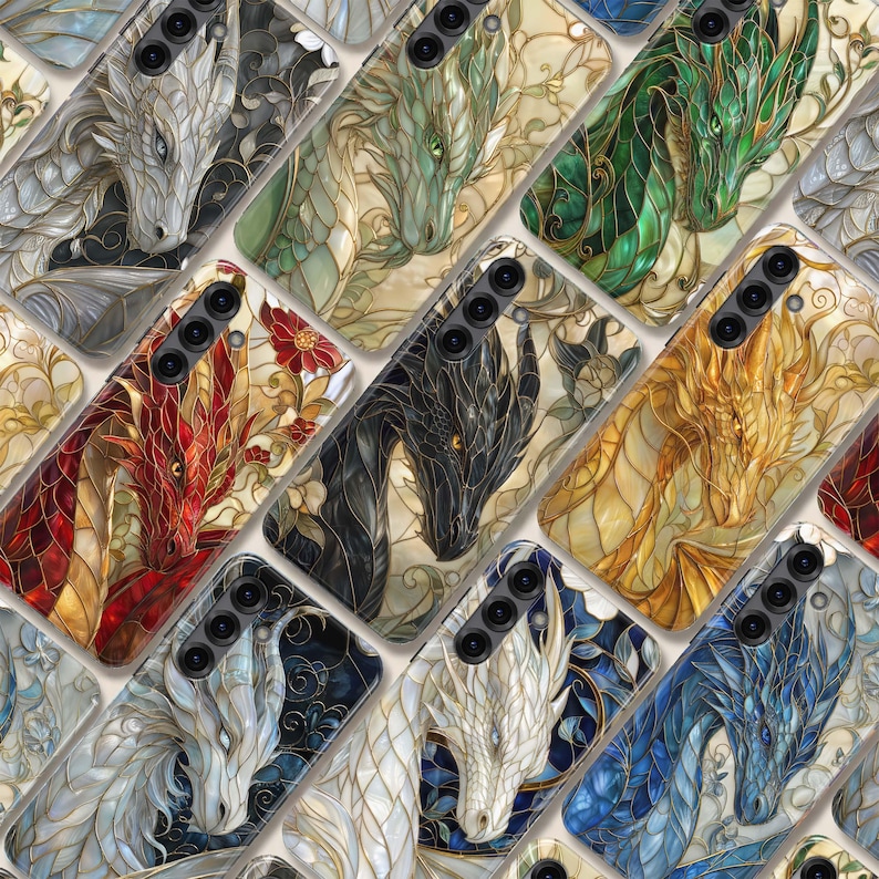 May include: A collection of smartphone cases featuring stained glass style dragon illustrations in various colours including red, green, black, gold, white, and blue. Each case displays a detailed dragon head with intricate line work and floral motifs.