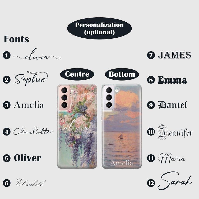 May include: Two phone case designs with different backgrounds. The first case has a floral design with a light blue background and the text "olivia" in white. The second case has a sunset scene with a light pink and orange background and the text "Amelia" in white. The image also shows a list of fonts with numbers and names.