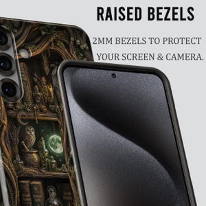 May include: A black smartphone case featuring a detailed illustration of a magical library with an owl, potion bottles, and a moon. The text reads RAISED BEZELS and 2MM BEZELS TO PROTECT YOUR SCREEN & CAMERA, highlighting the protective design.