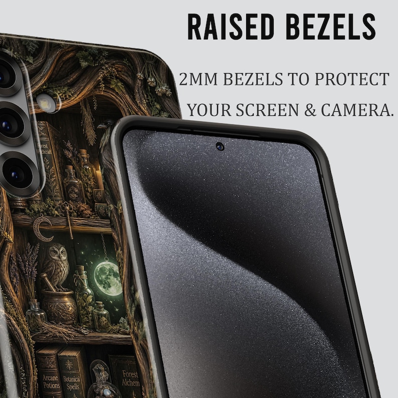 May include: A black smartphone case featuring a detailed illustration of a magical library with an owl, potion bottles, and a moon. The text reads RAISED BEZELS and 2MM BEZELS TO PROTECT YOUR SCREEN & CAMERA, highlighting the protective design.