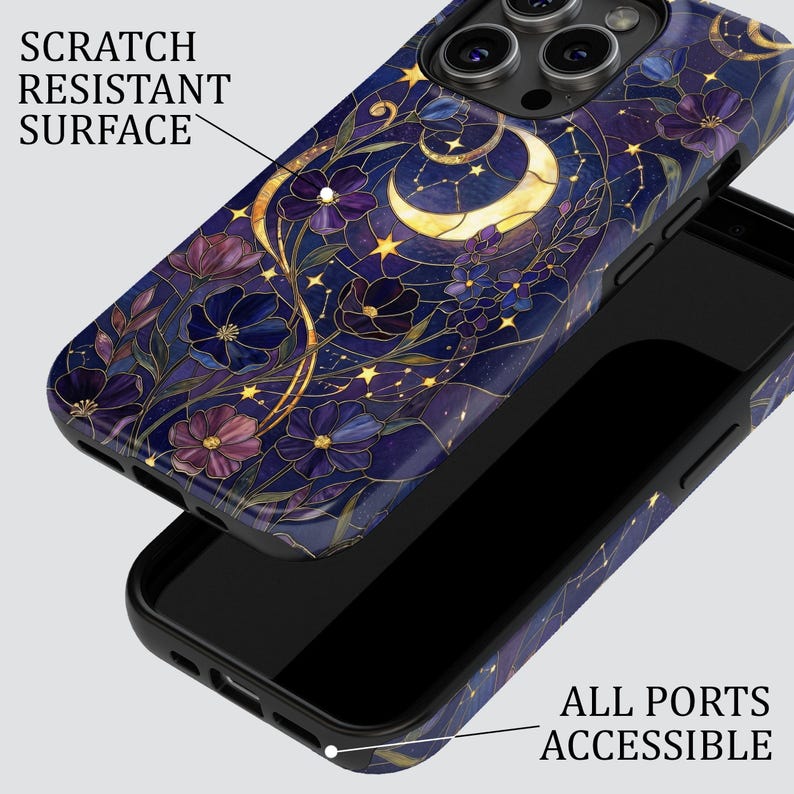 May include: A phone case with a stained-glass design featuring a crescent moon, stars, and flowers in shades of purple, gold, and blue. The case has the text "SCRATCH RESISTANT SURFACE" and "ALL PORTS ACCESSIBLE".