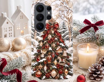 Stained Glass Christmas Tree Phone Case – Coquette Bow Cover for Samsung S26 Ultra S25 FE S24 S23 iPhone 18 Pro Max 17 16 15 Plus Pixel 11