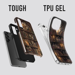 May include: Phone cases with a spooky bookshelf design. One case is black, and the other is clear. The cases feature a detailed illustration of a bookshelf with books, skulls, and candles. The text "TOUGH" and "TPU GEL" are displayed.