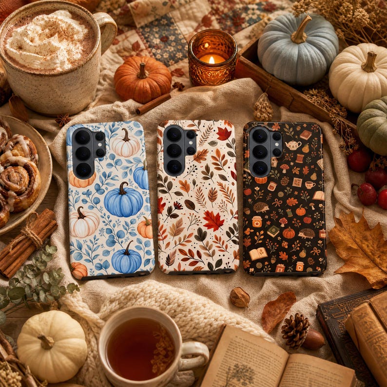 Puede incluir: Tres fundas para smartphone con distintos patrones de tem&aacute;tica oto&ntilde;al. La funda izquierda muestra calabazas azules y naranjas con follaje. La central muestra hojas de oto&ntilde;o coloridas. La derecha presenta un fondo oscuro con iconos.