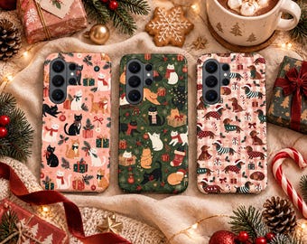 Christmas Cat Phone Case – Cute Winter Dachshund Cover for Samsung S26 Ultra S25 FE S24 S23 iPhone 18 Pro Max 17 16 15 Plus 14 Pixel 11 10A