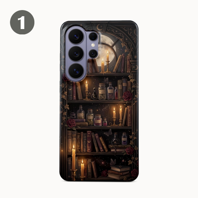 May include: A phone case featuring a detailed illustration of a bookshelf with books, candles, and potion bottles. The design includes a full moon visible through a window, with red roses and vines adding to the aesthetic.