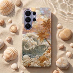 Stained Glass Ocean Waves Phone Case – Coastal Seashell Cover for Samsung S26 Ultra S25 S24 FE iPhone 17 Pro Max 16 15 Plus 14 13 Pixel 10