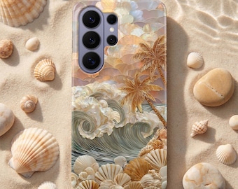Stained Glass Ocean Waves Phone Case – Coastal Seashell Cover for Samsung S26 Ultra S25 S24 FE iPhone 17 Pro Max 16 15 Plus 14 13 Pixel 10