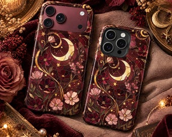 Burgundy Celestial Phone Case – Floral Stained Glass Cover for iPhone 18 Pro Max  17 16 15 14 13 Samsung S26 Ultra S25 S24 FE S23 Pixel 11 9