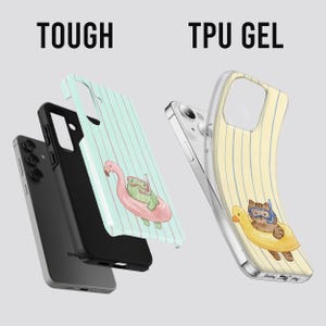 May include: Phone cases with fun designs. One case features a frog on a pink flamingo float, another a cat on a yellow duck float. The cases are shown with the text "TOUGH" and "TPU GEL".