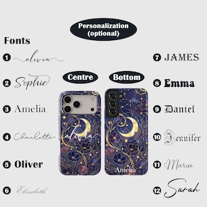 May include: Two phone cases with a celestial design. The cases have a dark blue background with gold moons, stars, and floral accents. The text "Personalisation (optional)" is above the cases. Font options and names are displayed.