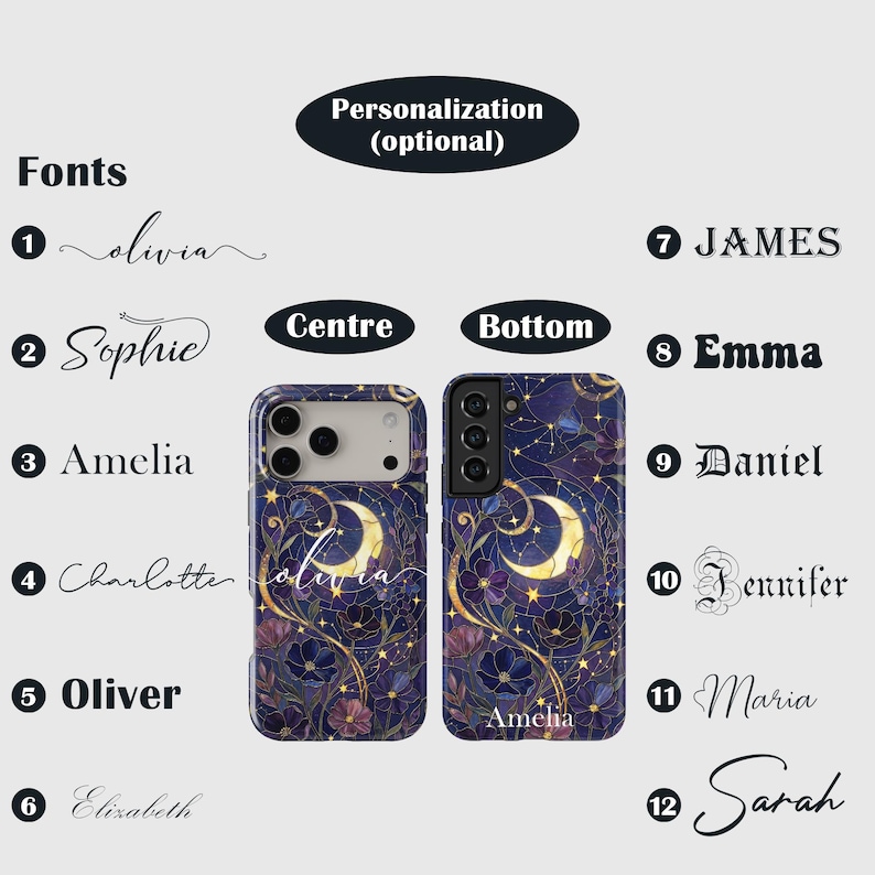 May include: Two phone cases with a celestial design. The cases have a dark blue background with gold moons, stars, and floral accents. The text "Personalisation (optional)" is above the cases. Font options and names are displayed.