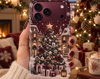Burgundy Christmas Tree Phone Case – Winter Bow Cover for iPhone 18 Pro Max 17 16 15 Plus Samsung S26 Ultra S25 FE S24 S23 A17 Pixel 11 10A