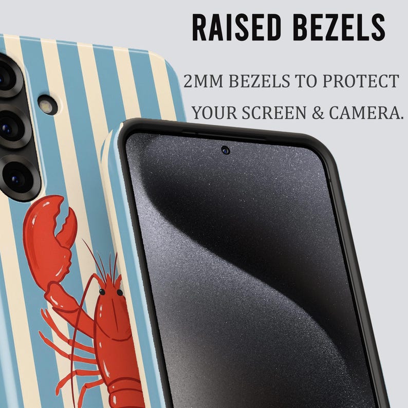May include: A phone case featuring a red lobster design against a blue and white striped pattern. The case has raised bezels for screen and camera protection. The text "RAISED BEZELS" and "2MM BEZELS TO PROTECT YOUR SCREEN & CAMERA" are visible.