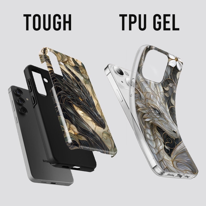 May include: Two phone cases labelled TOUGH and TPU GEL. The TOUGH case features a black dragon illustration with gold accents on a dark background. The TPU GEL case is clear and displays a white dragon illustration with floral details and a white flower.