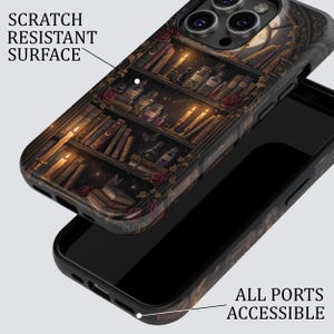 May include: A phone case featuring a detailed illustration of a bookshelf with books, candles, and potion bottles. The case has a scratch-resistant surface and all ports are accessible. The design includes roses and a moon in the background.