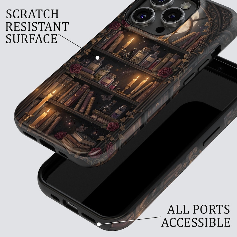 May include: A phone case featuring a detailed illustration of a bookshelf with books, candles, and potion bottles. The case has a scratch-resistant surface and all ports are accessible. The design includes roses and a moon in the background.