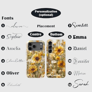 May include: Two phone cases with a floral design featuring yellow sunflowers and white flowers. The cases display the names "Olivia" and "Scarlett" in cursive fonts. The image also shows font options and placement choices.