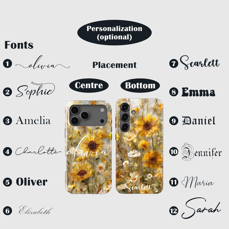 May include: Two phone cases with a floral design featuring yellow sunflowers and white flowers. The cases display the names "Olivia" and "Scarlett" in cursive fonts. The image also shows font options and placement choices.