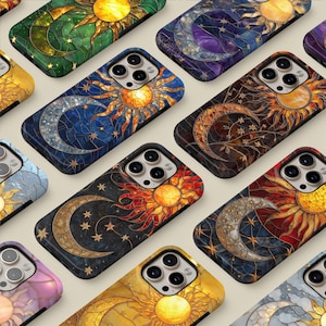 Celestial telefoonhoesje van gebrandschilderd glas - Sun Moon Cover voor iPhone 17 Pro Max 16 15 14 13 Samsung S26 Ultra S25 S24 FE S23 Plus A17 Pixel 10 9A