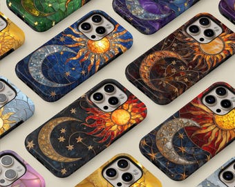 Celestial Stained Glass Phone Case - Sun Moon Cover for iPhone 17 Pro Max 16 15 14 13 Samsung S26 Ultra S25 S24 FE S23 Plus A17 Pixel 10 9A