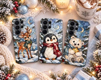 Stained Glass Christmas Phone Case – Penguin Deer Bear Winter Cover for Samsung S26 Ultra S25 FE S24 iPhone 18 Pro Max 17 16 15 Pixel 11 10
