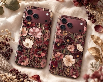 Burgundy Wildflower Stained Glass Phone Case – Floral Cover for Samsung S26 Ultra S25 FE S24 S23 iPhone 18 Pro Max 17 16 15 Plus Pixel 11 10