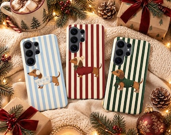 Dachshund Christmas Striped Phone Case – Winter Wiener Dog Cover for Samsung S26 Ultra S25 FE S24 iPhone 18 Pro Max 17 16 15 Plus Pixel 11 9
