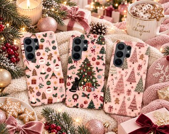 Pink Christmas Phone Case – Cute Black Cat Winter Cover for Samsung S26 Ultra S25 FE S24 S23 A17 iPhone 18 Pro Max 17 16 15 Plus Pixel 11 10