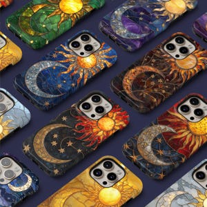 Coque de téléphone en vitrail céleste soleil et lune pour iPhone 16 15 14 13 12 11 Pro Max Mini Samsung S25 Ultra S24 FE S23 Plus S22 S21 S20
