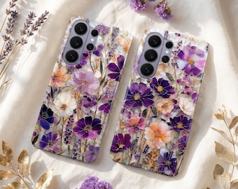 Coque de portable fleurs sauvages en vitrail - Coque florale mosaïque pour Samsung S26 Ultra S25 S24 FE S23 iPhone 17 Pro Max 16 15 Plus 14 13 Pixel 10