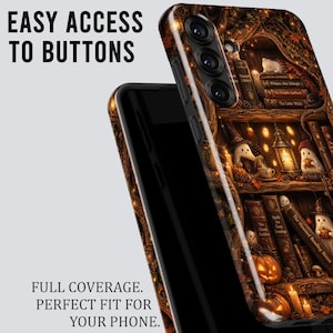 May include: A phone case featuring a detailed illustration of a magical library with ghosts, pumpkins, and books. The text EASY ACCESS TO BUTTONS and FULL COVERAGE. PERFECT FIT FOR YOUR PHONE. is visible. The case has cutouts for the camera lenses.