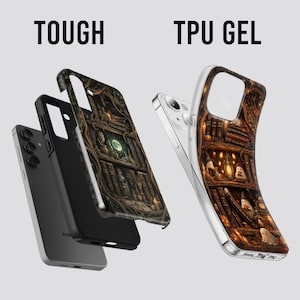 May include: Two phone cases labeled TOUGH and TPU GEL. The TOUGH case is black with a dark, detailed library scene featuring books and a glowing moon. The TPU GEL case is clear and flexible, displaying a vibrant library scene with ghosts and lanterns.