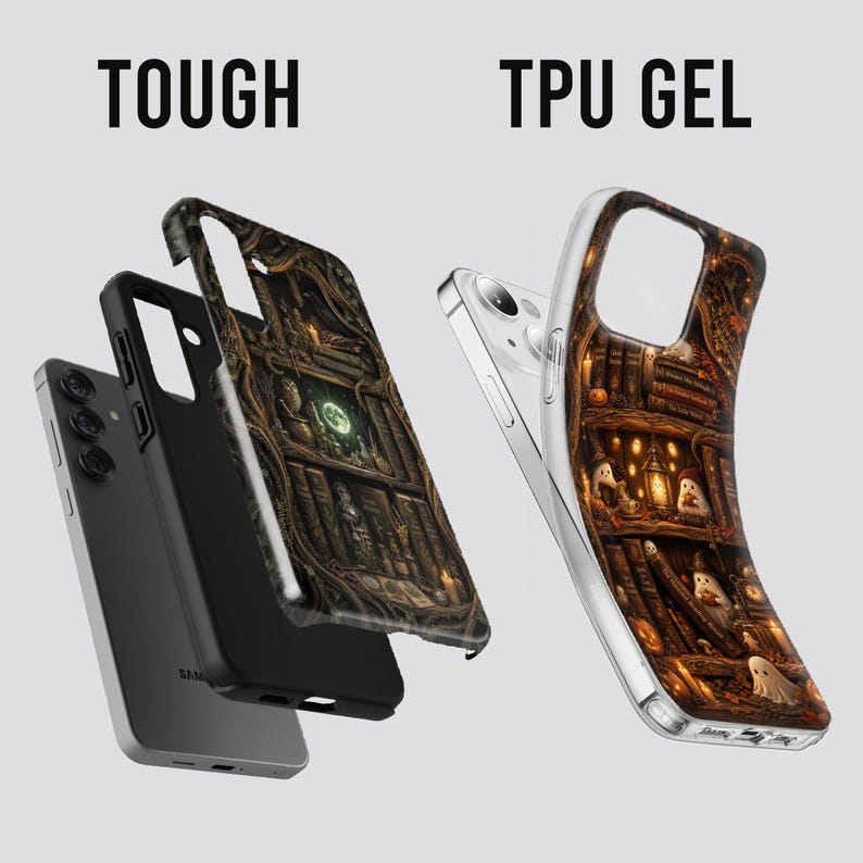 May include: Two phone cases labeled TOUGH and TPU GEL. The TOUGH case is black with a dark, detailed library scene featuring books and a glowing moon. The TPU GEL case is clear and flexible, displaying a vibrant library scene with ghosts and lanterns.