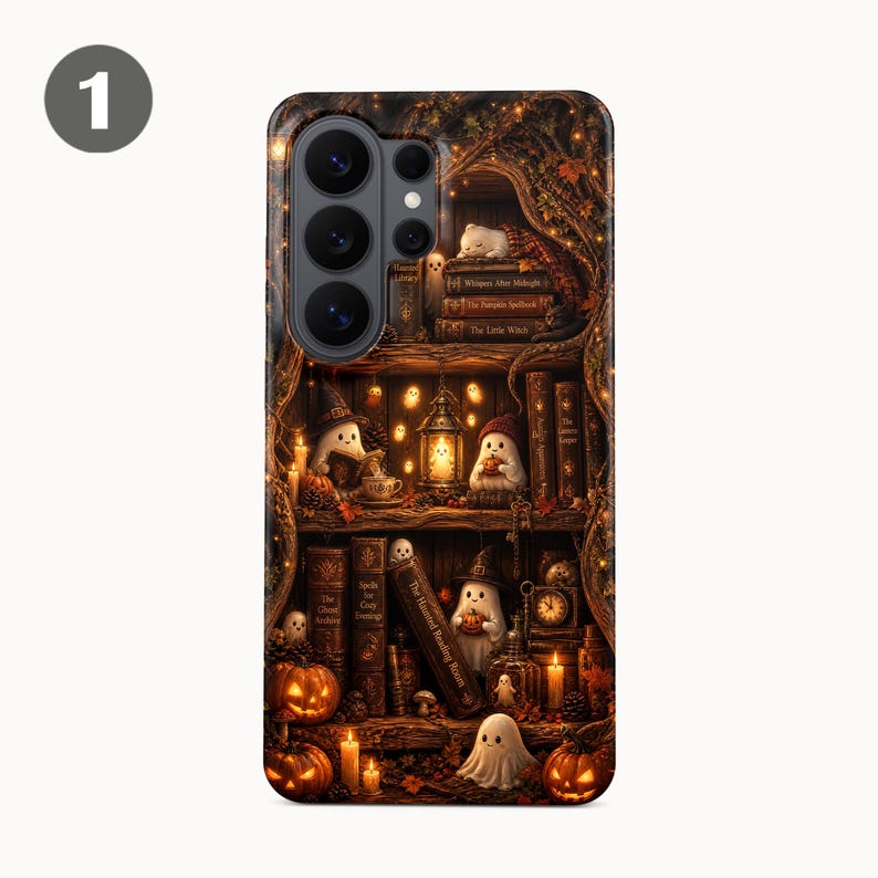 May include: A smartphone case featuring a detailed illustration of a wooden bookshelf filled with books, small white ghosts, glowing lanterns, and orange pumpkins. The scene includes warm lighting, autumn leaves, and various book titles printed on the spines.