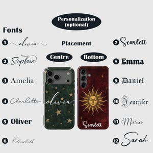 May include: Two smartphone cases with customization options. One case is dark green with gold stars and the name Olivia. The other is dark red with a gold sun illustration and the name Scarlett. A numbered list of twelve font styles is displayed.