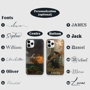 Peut inclure: Deux coques de t&eacute;l&eacute;phone avec des designs diff&eacute;rents. La coque de gauche a un fond sombre avec un coucher de soleil et un navire. La coque de droite a une sc&egrave;ne de for&ecirc;t avec un ours et un ourson. Les deux coques ont un espace pour la personnalisation avec le texte "Olivia" et "Amelia" respectivement. Les textes "Centre" et "Bas" sont &eacute;galement visibles.