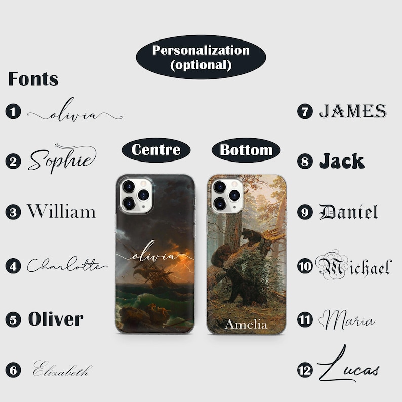 Peut inclure: Deux coques de t&eacute;l&eacute;phone avec des designs diff&eacute;rents. La coque de gauche a un fond sombre avec un coucher de soleil et un navire. La coque de droite a une sc&egrave;ne de for&ecirc;t avec un ours et un ourson. Les deux coques ont un espace pour la personnalisation avec le texte "Olivia" et "Amelia" respectivement. Les textes "Centre" et "Bas" sont &eacute;galement visibles.