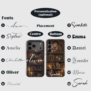 May include: Phone cases with a gothic library design, featuring bookshelves, skulls, and candles. The cases offer personalization options with various fonts and placement choices. The text "Personalization (optional)" is visible.
