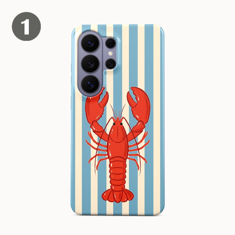 May include: A phone case featuring a red lobster design against a backdrop of blue and white stripes. The case has a glossy finish and a camera cutout.