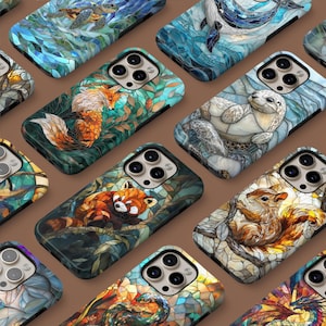 Stained Glass Animal Phone Case – Colorful Art Tough Cover for iPhone 17 16 15 14 13 12 11 Samsung S25 Ultra S24 FE S23 A56 A16 Pixel 10 9A
