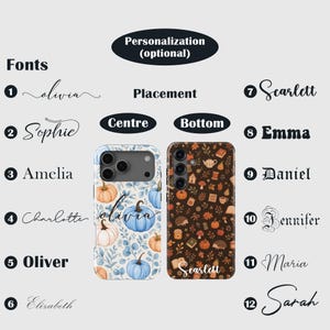 Puede incluir: Dos fundas para smartphone con motivos oto&ntilde;ales. La funda izquierda muestra calabazas azules y naranjas con follaje sobre fondo blanco. La funda derecha tiene un fondo marr&oacute;n oscuro con peque&ntilde;as calabazas, erizos y libros. Incluye opciones de fuente.